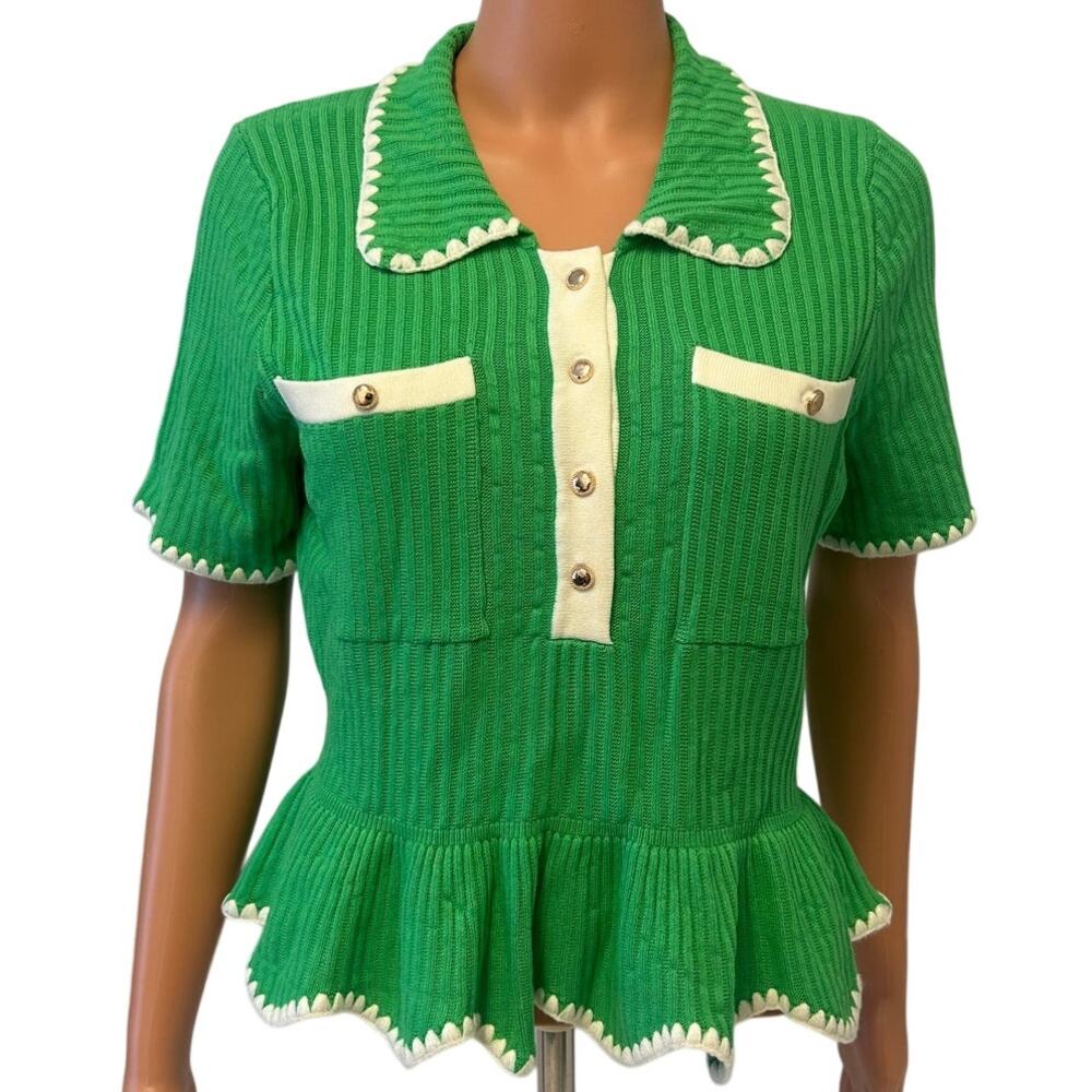 Entro Chandler Ruffle Sweater green ribbed knit flared peplum waist sz Large nwt